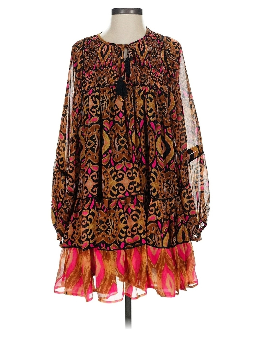 TALULAH Brown & Pink Printed Long-Sleeve Sheer Cocktail Dress